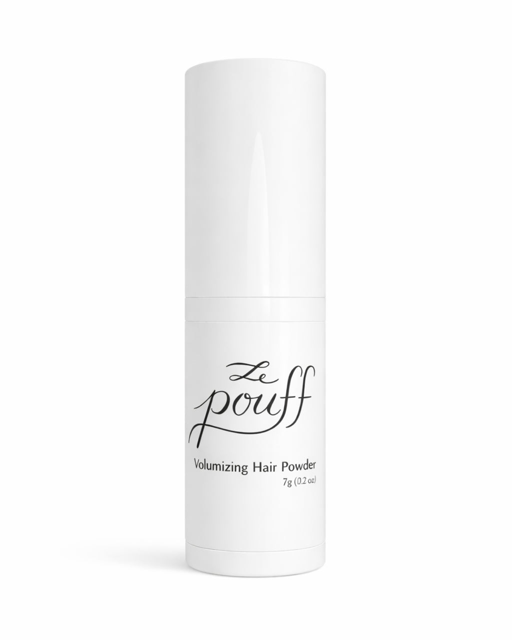 White cylindrical container of Le Pouff volumizing hair powder on a white background